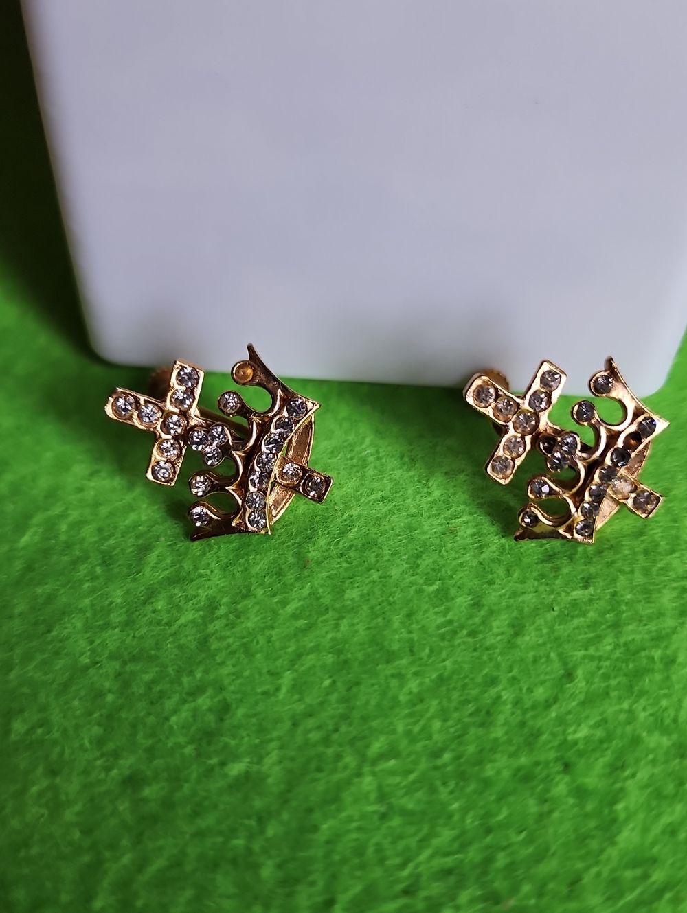Vintage Gold-Tone Crystal Crown and Cross Screw-on Earrings